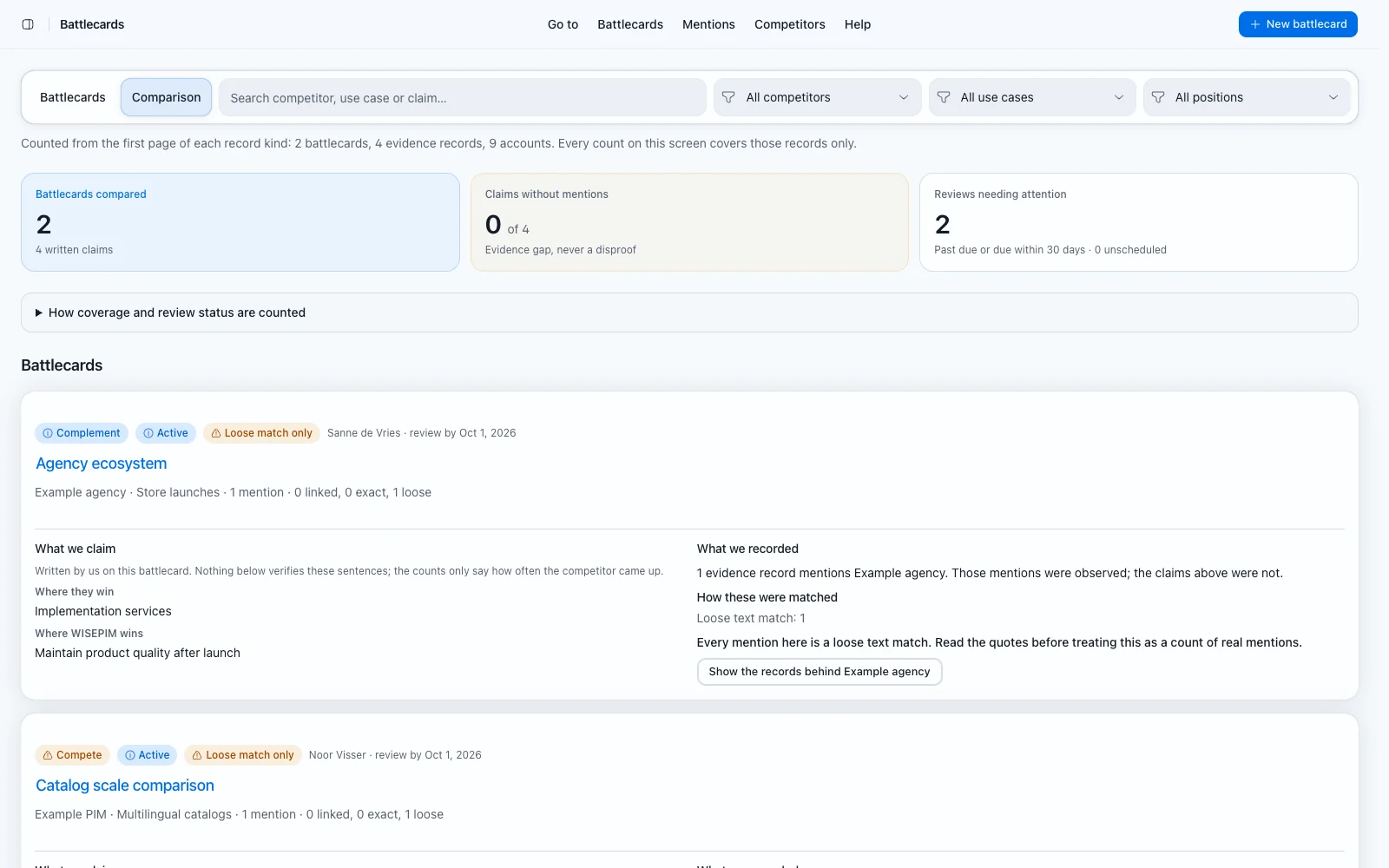 Battlecards filtered by competitor, use case and position