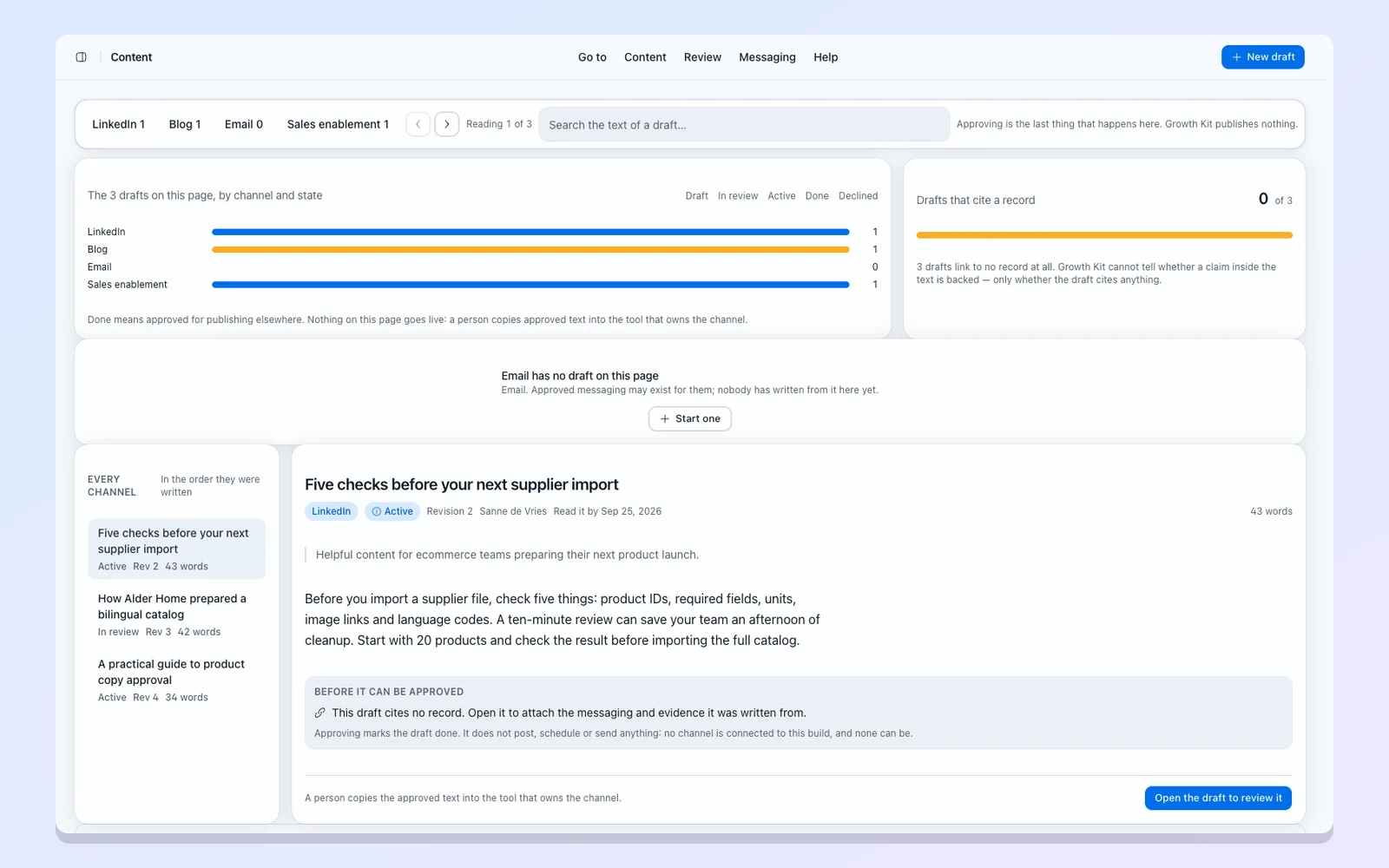 A content draft with its channel and its linked records.