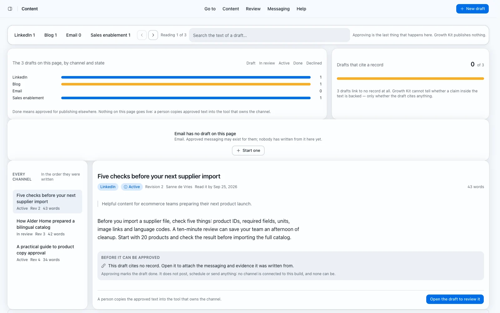 Content drafts listed with their channel, owner and status