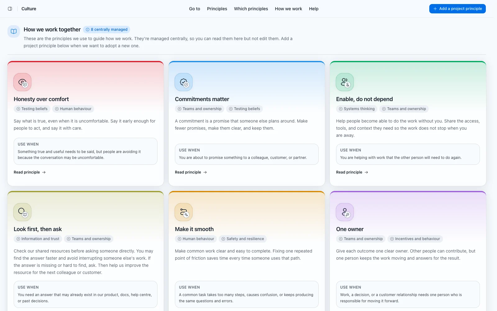 Culture principles with what good looks like and the anti-pattern