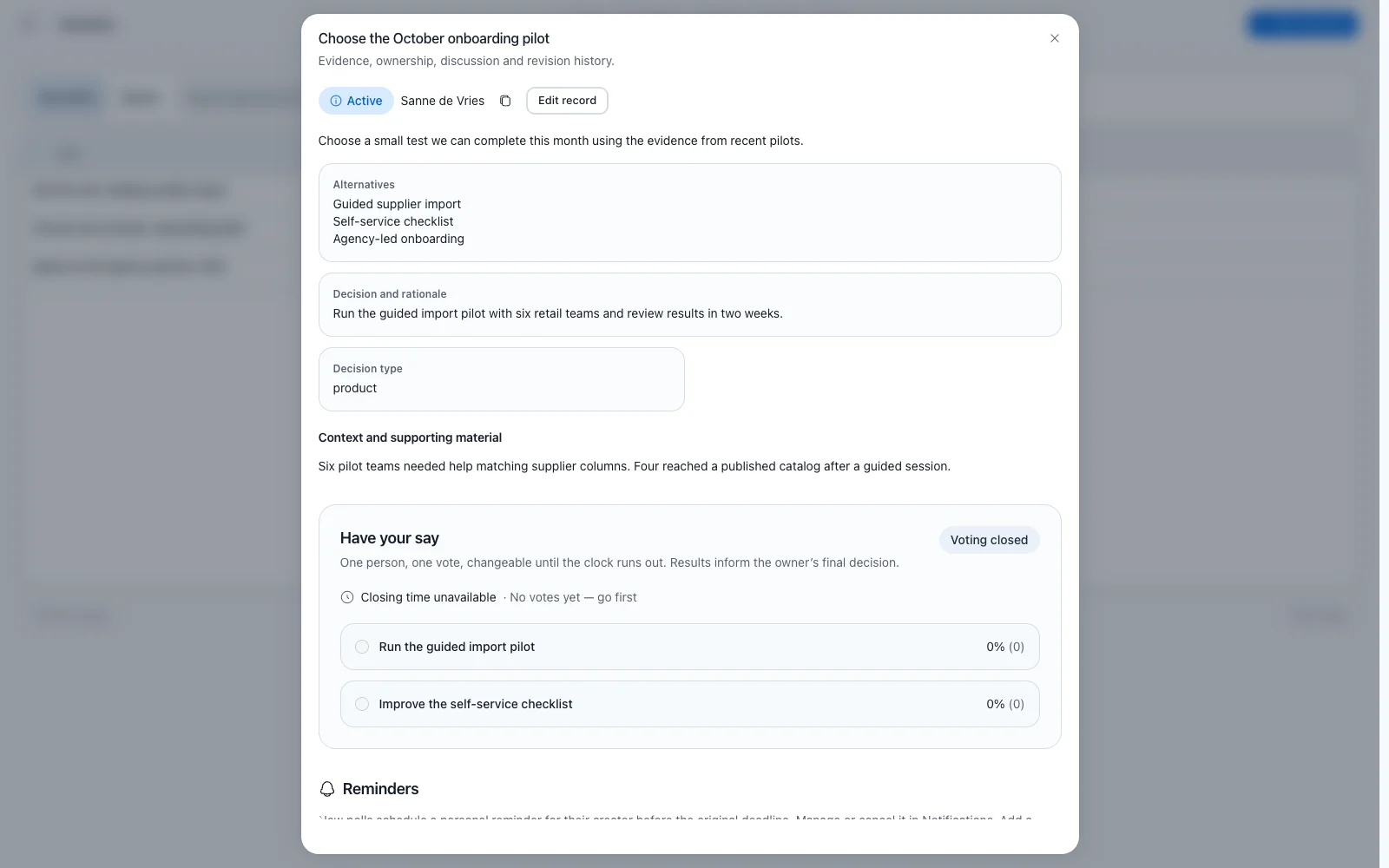 A decision poll with its options and closing time