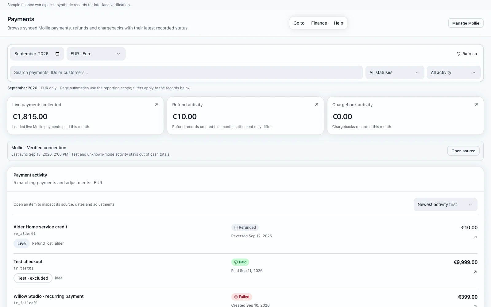 Recorded payment, refund and chargeback states