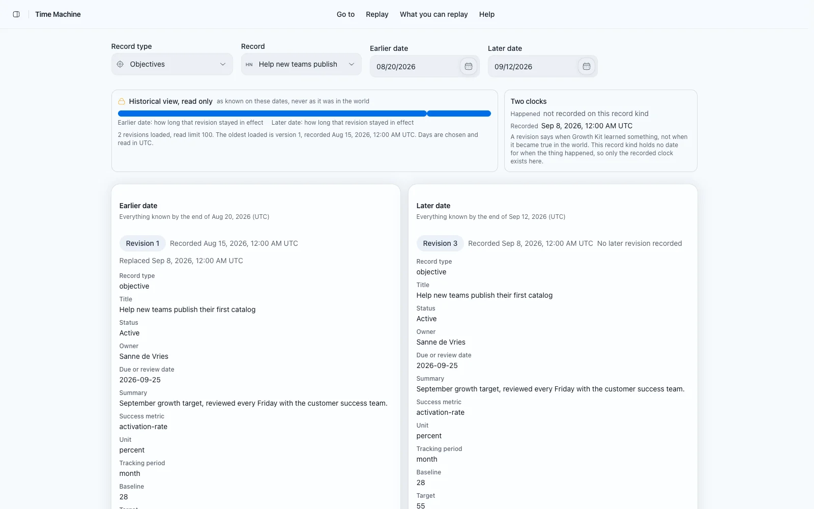 Two revisions of one record side by side with the difference table beneath