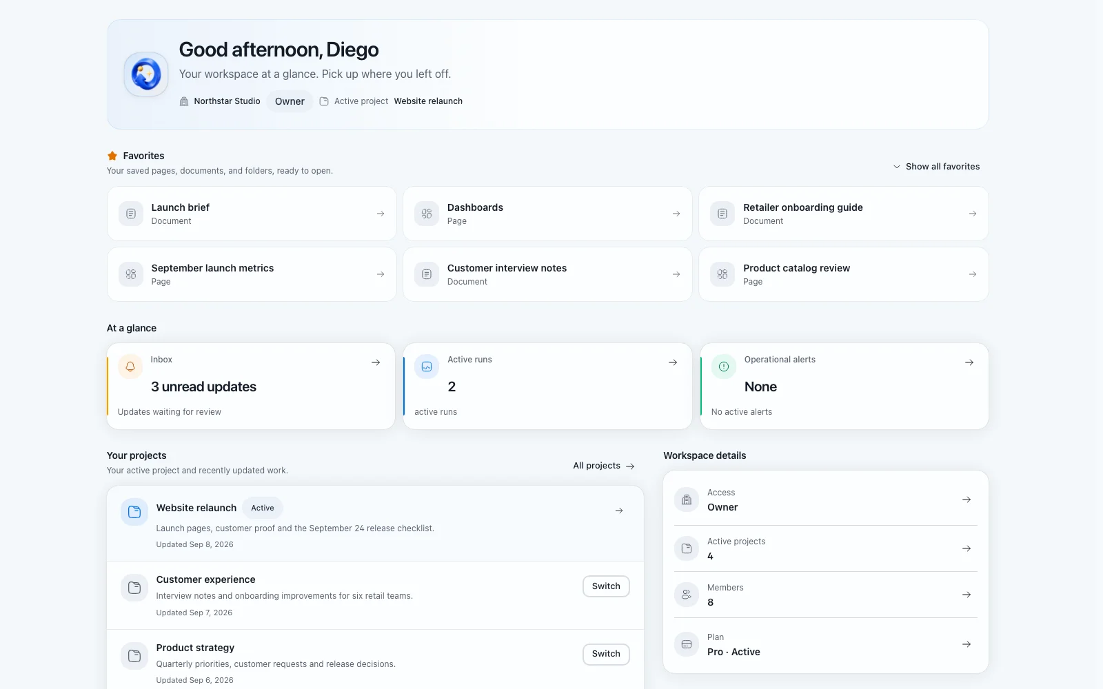 Workspace home with projects, recent activity, and saved items